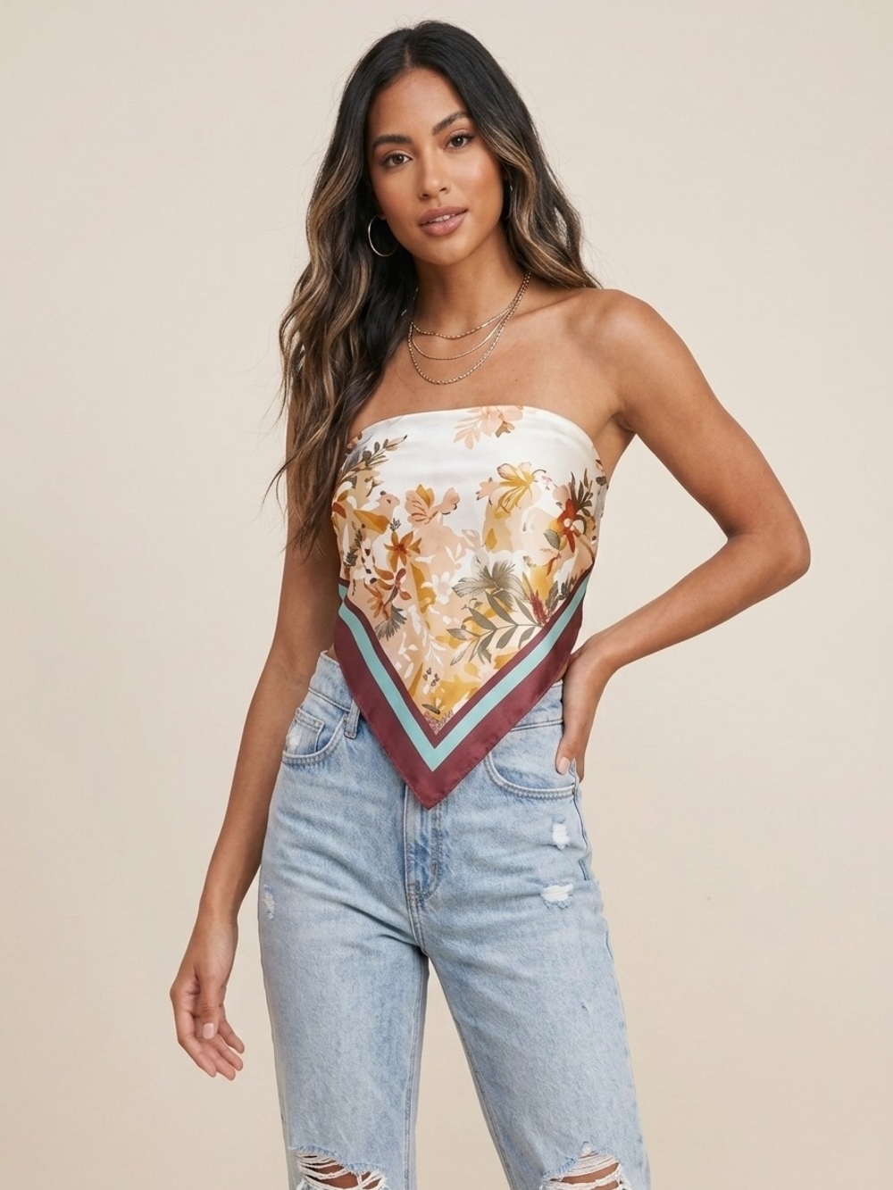 New Women's Strapless Floral Satin Scarf Top Cream Rust Summer Resort Top Small